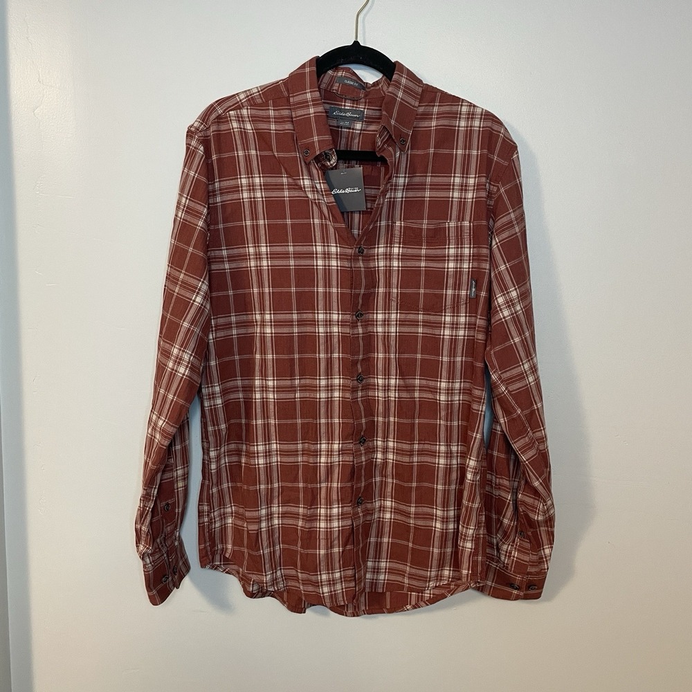 Eddie Bauer Tideline Shirt Men's Size‎ M Brown Plaid Classic Fit Button Down NWT